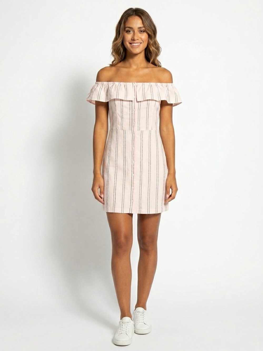 Hollister Pink Stripe Off the Shoulder Linen Button Front mini Dress Sz M pink